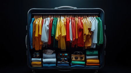 A suitcase full of clothes is shown in a dark background. The clothes are neatly folded and organized, with some of them being sunglasses. Scene is that of a traveler packing for a tripの素材