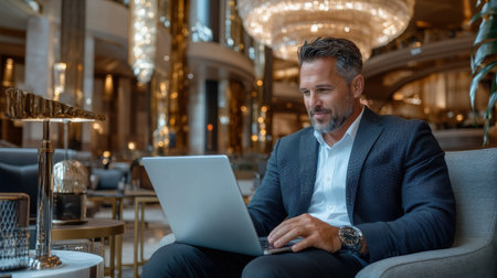 A man is sitting in a chair with a laptop in front of him. He is wearing a suit and he is working on the laptopの素材