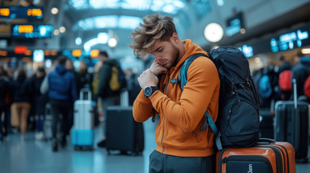 A man wearing an orange hoodie and backpack is standing in a busy airport terminal. He is looking at his watch and he is in a hurryの素材