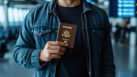 A man is holding a passport in his hand. The passport is brown and has the word Passoni on it. The man is wearing a blue jacket and he is in a busy airportの素材
