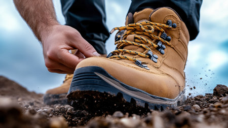 A man is putting on his hiking boots. The boots are brown and have a yellow laces. The man is standing on a rocky surfaceの素材