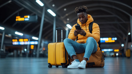 A man in a yellow jacket is sitting on a suitcase in a train station. He is looking at his phoneの素材
