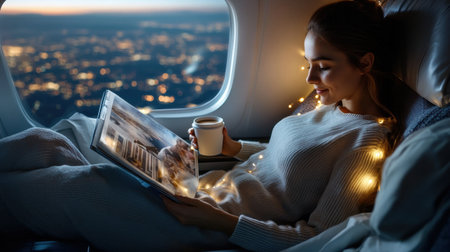 A woman is reading a book and drinking coffee on an airplane. She is smiling and seems to be enjoying her timeの素材