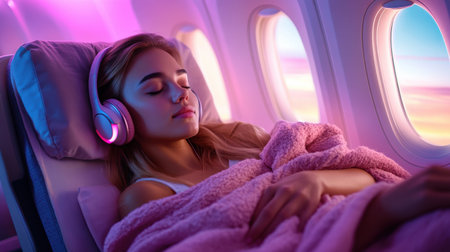A woman is sleeping on a plane with headphones on. The headphones are pink and the woman is wearing a pink blanketの素材