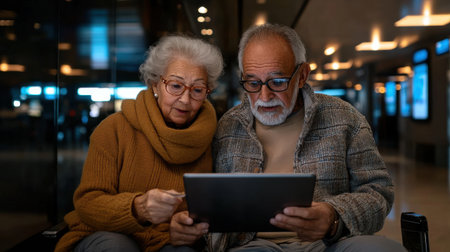 A man and woman are sitting together and looking at a tablet. The man is wearing glasses and the woman is wearing a sweater. They seem to be enjoying their time together while using the tabletの素材