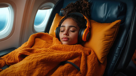 A woman is sleeping on an airplane with a blanket and orange pillow. She is wearing headphones. Concept of relaxation and comfort, as the woman is taking a break from her journeyの素材