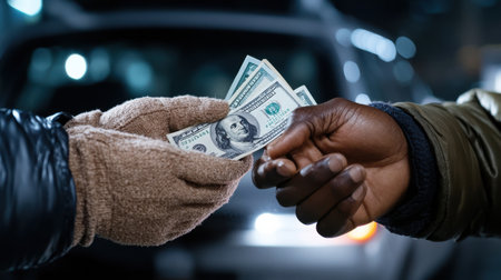 A man is giving a woman a bill for $100. The woman is wearing a brown gloveの素材