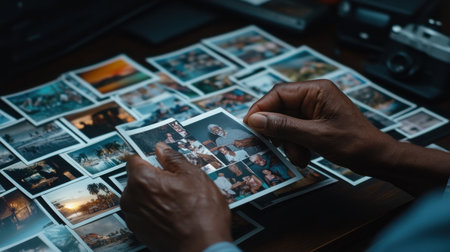 A hand is holding a photo album with many pictures in it. The album is full of pictures of people and placesの素材