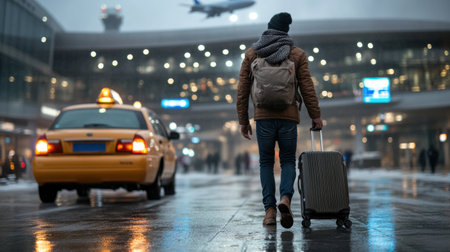 A man is walking with a suitcase in a rainy city. The taxi cab is behind him. The man is wearing a backpack and a hatの素材