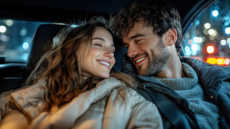 A man and a woman are in a car, smiling and hugging each other. Scene is happy and affectionateの素材