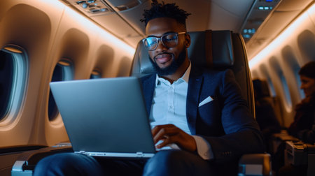 A man wearing glasses is sitting in an airplane seat and working on a laptop. He is focused on his work, possibly preparing for a business meeting or conference callの素材
