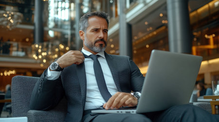 A man in a suit is sitting in a chair with a laptop in front of him. He is adjusting his tie and he is focused on his work. Concept of professionalism and concentrationの素材