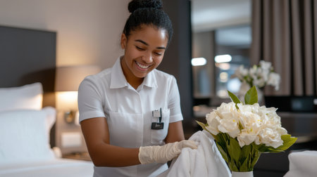 A woman is cleaning a flower vase with a towel. She is wearing a white shirt and a name tagの素材
