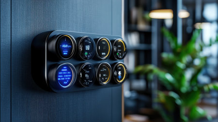 A black device with a blue screen and yellow buttons is mounted on a wall. The device is designed to display information and has a sleek, modern lookの素材