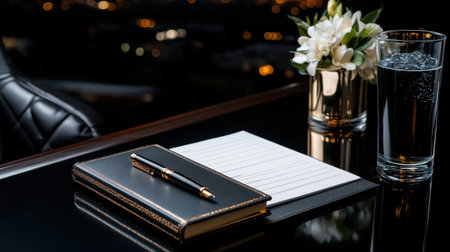 A black leather bound notebook sits on a desk with a pen and a glass of water. The scene suggests a professional setting, possibly a writer's desk or a business meeting. The presence of the penの素材