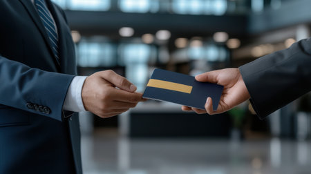 A man is handing a passport to another man. The passport is blue and has a gold stripeの素材