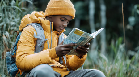 A young boy is sitting in the grass reading a book. He is wearing a yellow jacket and a yellow hatの素材