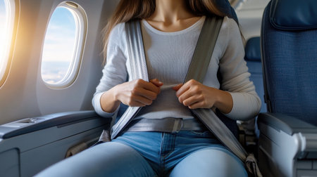 A woman is buckling her seat belt on an airplane. Concept of safety and preparedness for a flightの素材