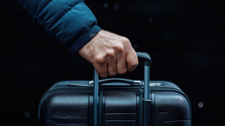 A man is holding a black suitcase with a hand on it. The suitcase is black and has a silver handle. The man is wearing a blue jacketの素材