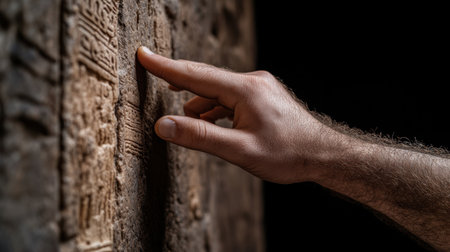 A hand is touching a wall with a finger. The wall is made of stone and has hieroglyphics on it. The hand is touching the wall in a way that suggests it is trying to decipher the hieroglyphicsの素材