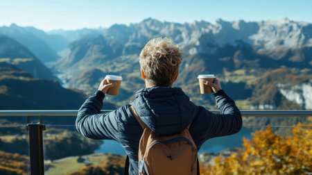 A man with a backpack is standing on a bridge overlooking a lake. He is holding two cups of coffee and looking out at the beautiful sceneryの素材