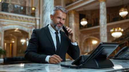 A man in a suit is talking on a cell phone while sitting at a desk. The scene suggests a professional setting, possibly in an office or a hotel lobby. The man's focused expressionの素材