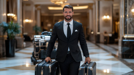 A man in a suit and tie is carrying two suitcases and smiling. Concept of confidence and professionalism, as the man is dressed in formal attire and he is in a busy environmentの素材