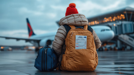 A person is sitting on the ground with a yellow backpack and a blue suitcase. The person is wearing a red hat and a white jacket. The scene is set at an airportの素材