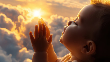 A baby is praying with its hands up in the air. The baby is looking up at the sun, which is shining brightly in the sky. Concept of peace and serenityの素材