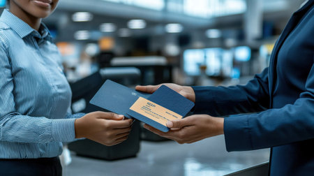 A woman hands a passport to another woman. The passport is blue and has a gold border. The woman receiving the passport is wearing a blue shirtの素材