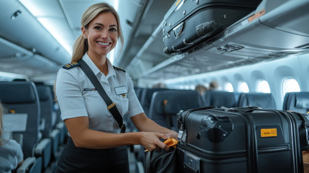 A smiling woman in a uniform is standing in front of a suitcase. She is wearing a name tag that says "Captain"の素材