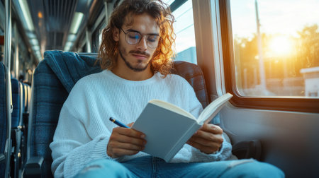 A man with glasses is reading a book on a train. He is wearing a white shirt and blue jeansの素材