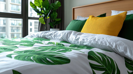 A bed with a green leaf patterned comforter and a yellow pillow. The bed is in a room with a potted plant and a windowの素材