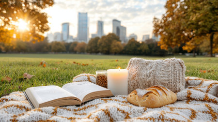 A blanket is spread out on the grass with a book, a candle, and a loaf of bread. The scene is peaceful and relaxing, with the sun shining in the backgroundの素材