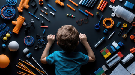 A boy is laying on the floor surrounded by various toys and objects. Concept of playfulness and creativity, as the boy has access to a wide range of items to explore and experiment withの素材