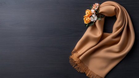 A scarf with flowers on it is on a wooden table. The scarf is brown and has a floral design. The flowers are orange and yellow. The image has a warm and cozy feeling, as the scarfの素材