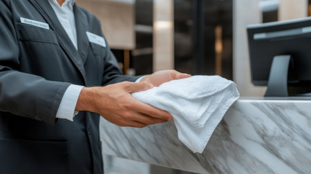 A man in a suit is wiping a counter with a white towel. Concept of cleanliness and orderliness, as the man is taking care of the counter by wiping it downの素材