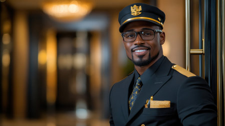 A man in a black suit and hat is smiling. He is wearing a tie and a pocket squareの素材