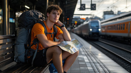 A man in an orange shirt sits on a bench with a backpack and a map. He looks tired and is waiting for a trainの素材