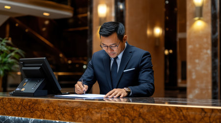 A man in a suit is writing on a piece of paper at a desk. He is focused and serious as he writesの素材