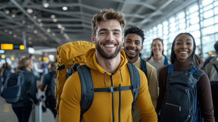 A group of people are smiling and posing for a photo at an airport. One of the men is wearing a yellow jacket and a backpackの素材