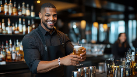 A man in a black shirt and apron is smiling and holding a glass of beer. The bar is filled with various bottles and glasses, and there are two other people in the backgroundの素材