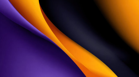 A colorful abstract design with purple, orange, and black colors. The design is made up of curved lines and has a dynamic, energetic feel to itの素材