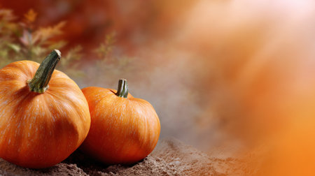 Two orange pumpkins are on a sandy ground. The background is orange and has a warm, autumnal feelの素材