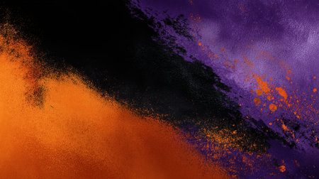 A black and orange background with purple and orange splatters. The splatters are of different sizes and are scattered all over the backgroundの素材