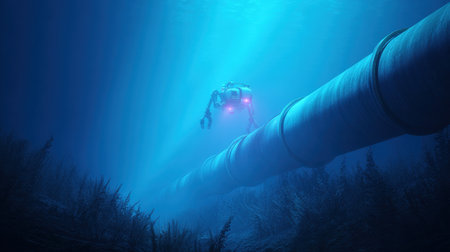 A robot is swimming through a pipe in the ocean. The robot is blue and has a red light on its headの素材