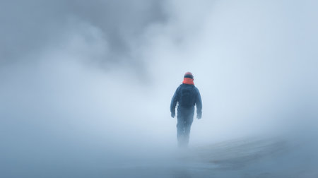 A man is walking through a foggy, misty forest. The sky is cloudy and the air is cold. The man is wearing a blue jacket and an orange scarf. The scene is eerie and mysteriousの素材