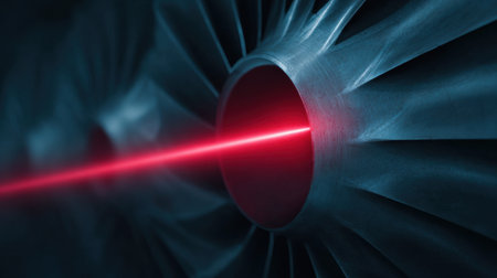A red laser beam is shooting out of a blue object. The object is a part of a machine or a piece of technology. Concept of power and precision, as the laser beam is focused and directed with accuracyの素材