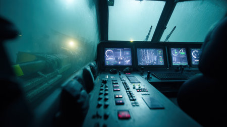 The cockpit of a submarine is shown with a view of the ocean. The controls are in front of a large monitor, and the pilot is looking out the window. Scene is tense and seriousの素材