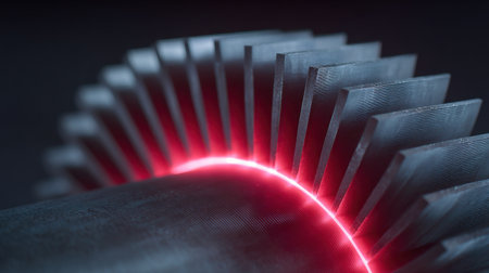 A close up of a red glowing gear with black and white stripes. The gear is made of metal and has a shiny, metallic appearance. The red glow gives the gear a sense of energy and power, while the blackの素材